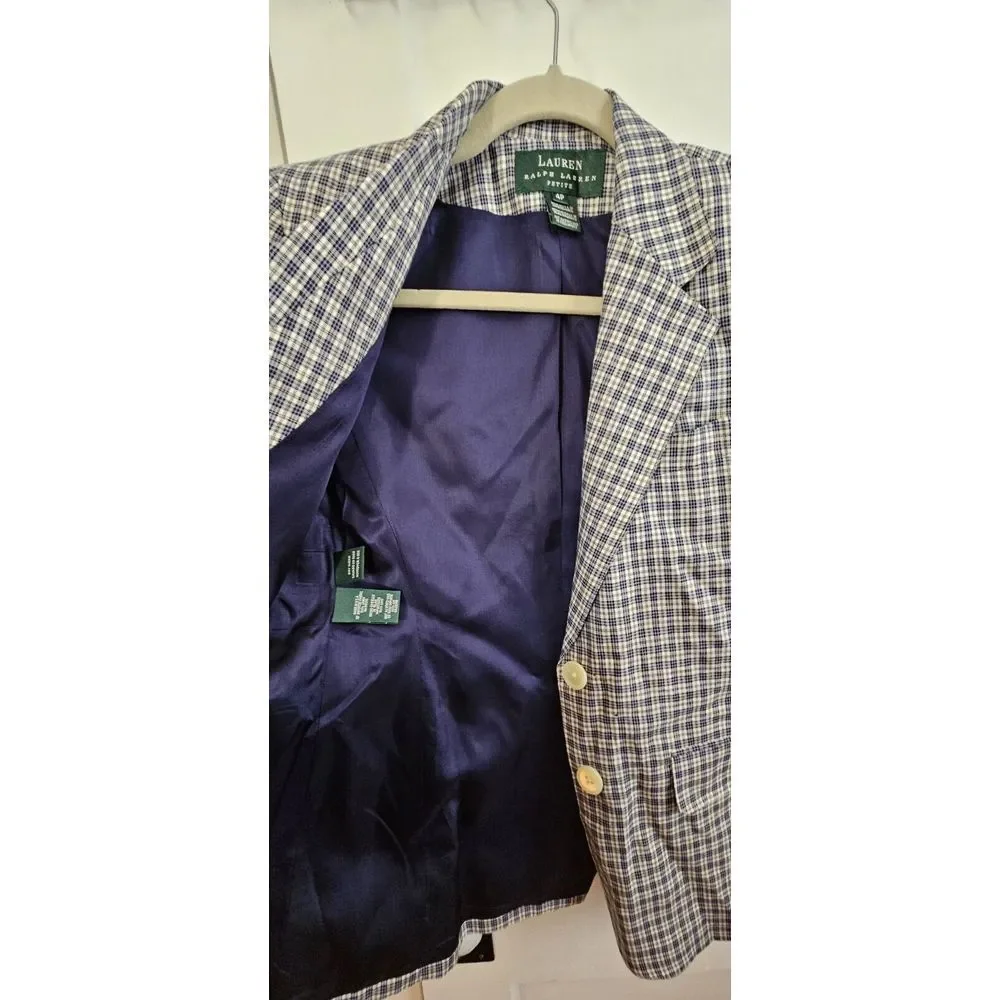VTG LAUREN Ralph Lauren plaid blazer 100% Linen‎ petite 4P USA made